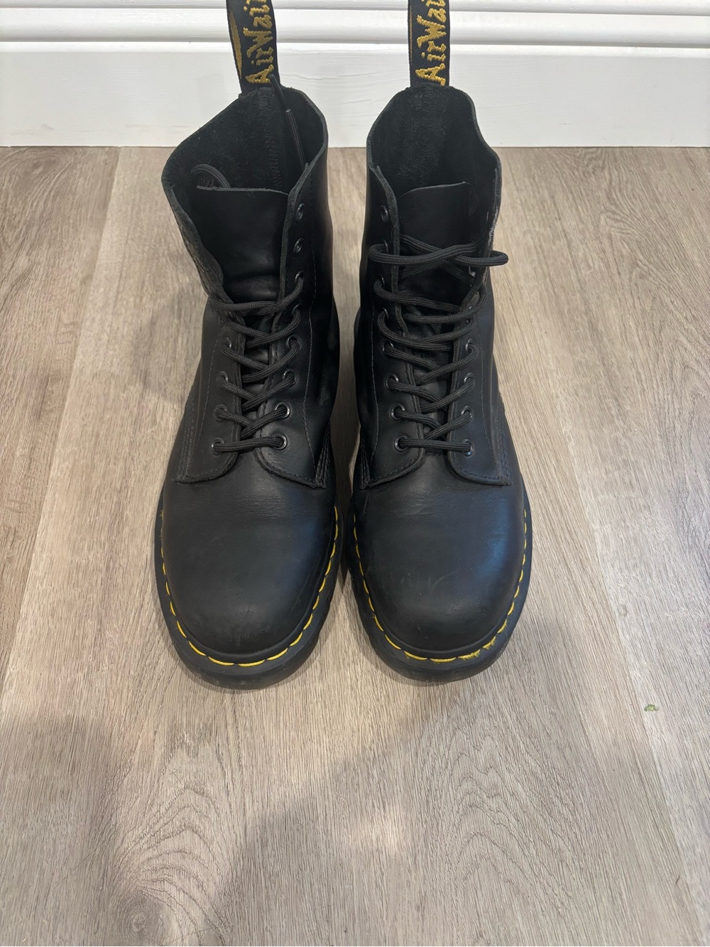 Dr. Martens Black Leather Lace-Up Boots with Yellow Stitching